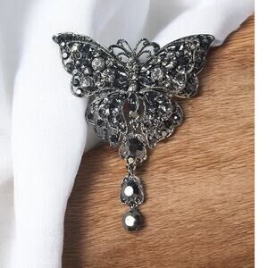 Smokey Crystal Butterfly Brooch Antique Tone Art Deco Style Dangle – Dark Glam